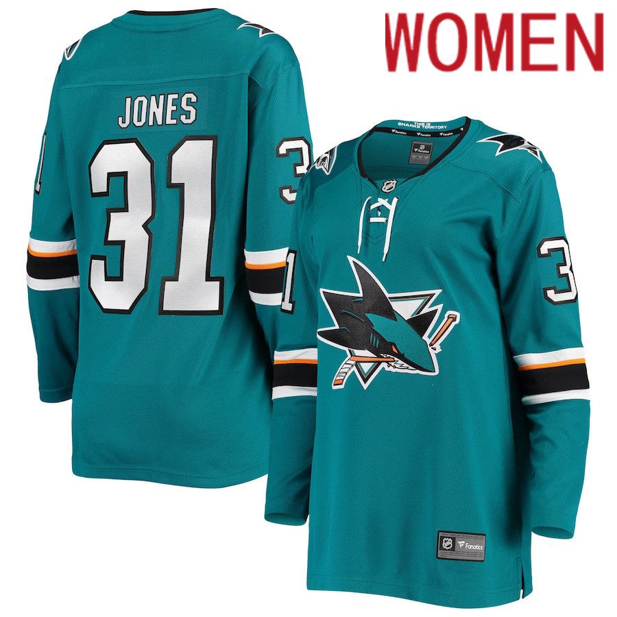 Women San Jose Sharks #31 Martin Jones Fanatics Branded Teal Breakaway Home Team Player NHL Jersey